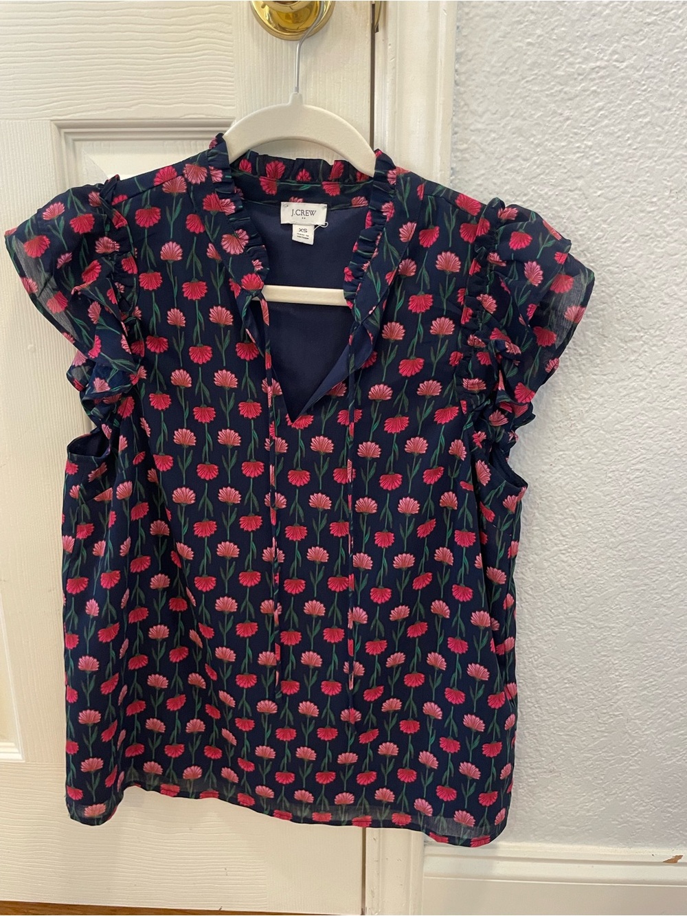 J. Crew factory Navy Floral Ruffle Sleeve V-Neck Top